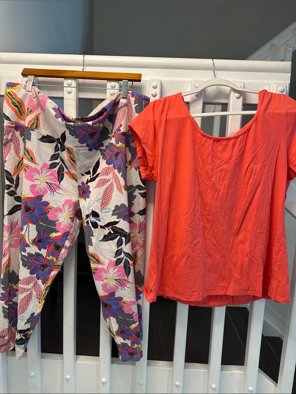 Floral Print Leggings with Coral Short Sleeve Top - Vibrant Summer Set